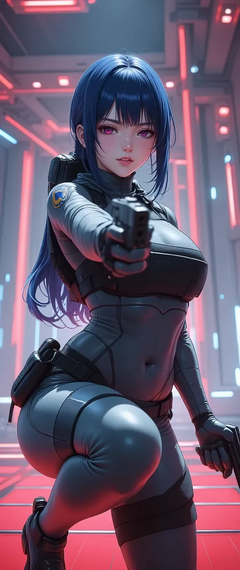 (masterpiece:1.2,Outstanding quality,Mirror finish, A movie-like experience , best illustration :2.0,Super detailed),8k,wallpaper,( one woman:2.0),(  Ghost in the Shell Worldview  :2.0),( Grey Tactical Bodysuit :2.0),(heavy grey bulletproof vest:2.0),(Grey...