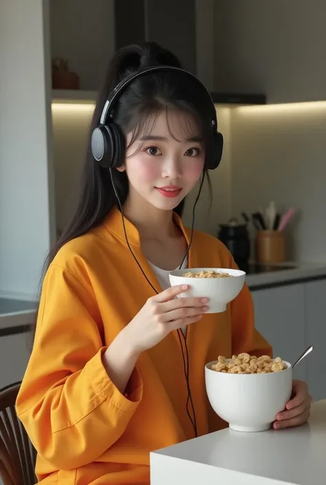  Korean woman with straight black long hair, black eyes with big lashes ,  velvety mouth 
in a modern kitchen .  She is wearing a colorful jumpsuit with long sleeves and tight black and white headphones He is holding a white bowl inside cereal with milk in...