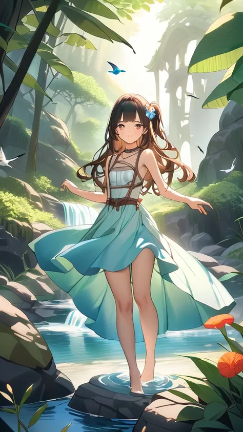 1 girl, ( cute face), smile,  long hair , Loose curls,  One Side Up ,  Fantasy Anime Outfits,  fun poses in nature,  skin like pottery , Small breasts, 冒険心に満ちた表情  
break, Deep in the Jungle, Sparkling sunlight, (Soft Light:1.2), Lush foliage,  Charming Vib...