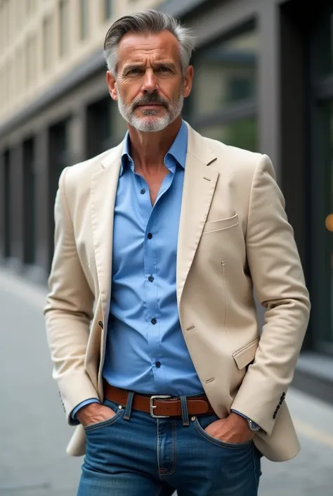 A man with skin colour blazer with blue jeans and blue shirt