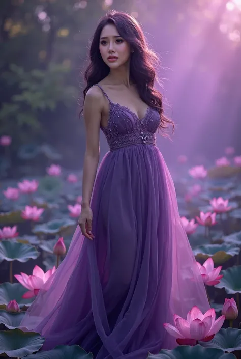 Beautiful woman in her 20s, fair skin, sparkling green eyes, dark purple hair, wearing a long purple dress, stepping on some lotus flowers, She is calm, Scenario pose, makeup, cinematic image, quality, full body image, detailed, full body image, high resol...