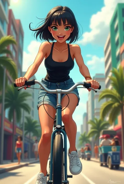 White girl, low, big green eyes, short straight black hair, white sneakers, short jeans,  black tank top ,smiling, Riding a tall bike,  in the city of Recife PE