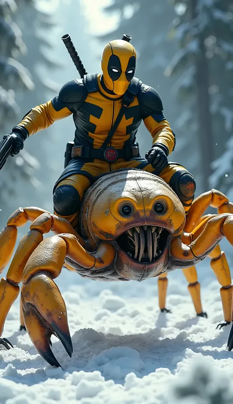 A male superhero wearing a black and yellow deadpool costume is riding on the back of a scorpion, both hands holding guns. bright lighting in the snowy forest, very realistic