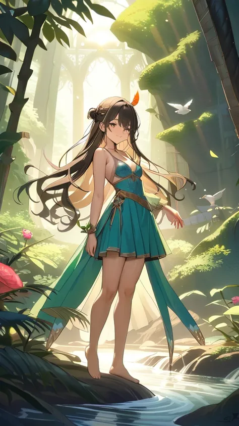 1 girl, ( cute face), smile,  long hair , Loose curls,  One Side Up ,  Fantasy Anime Outfits,  fun poses in nature,  Pottery Skin , Small breasts, 冒険心に満ちた表情  
break, Deep in the Jungle, Sparkling sunlight, (Soft Light:1.2), Lush foliage,  Charming Vibes , ...