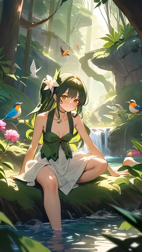 1 girl, ( cute face), smile,  long hair , Loose curls,  One Side Up ,  Fantasy Anime Outfits,  fun poses in nature,  Pottery Skin , Small breasts, 冒険心に満ちた表情  
break, Deep in the Jungle, Sparkling sunlight, (Soft Light:1.2), Lush foliage,  Charming Vibes , ...