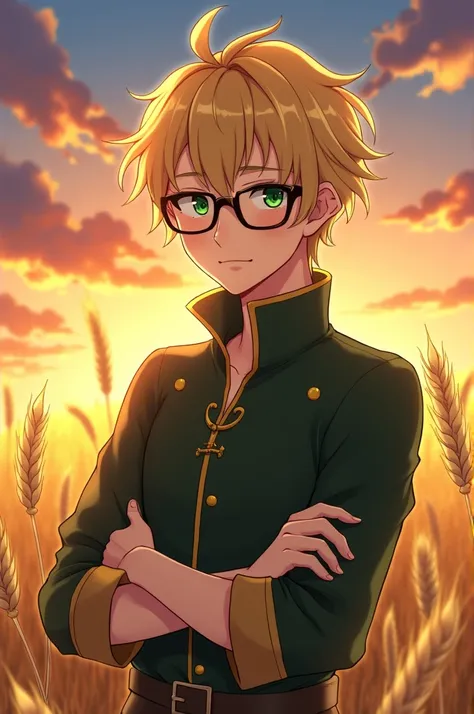 An anime style male character with medium blond, slightly messy hair posing in a golden wheat field at sunset. He has a serene and friendly expression, with green eyes, prescription glasses with black frames and a slight smile on his face, conveying tranqu...