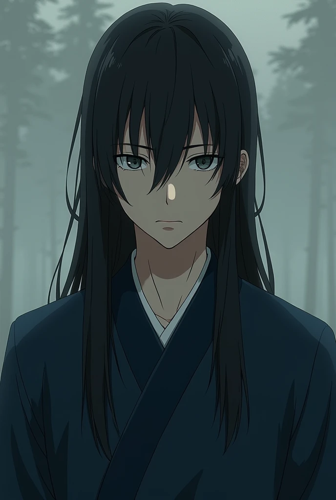  Japanese animation style，male， hair is black straight hair，Hair length to the waist，Gray Eyes，about 25 years old，WEAR DARK BLUE JAPANESE VINTAGE，Looks a bit serious 