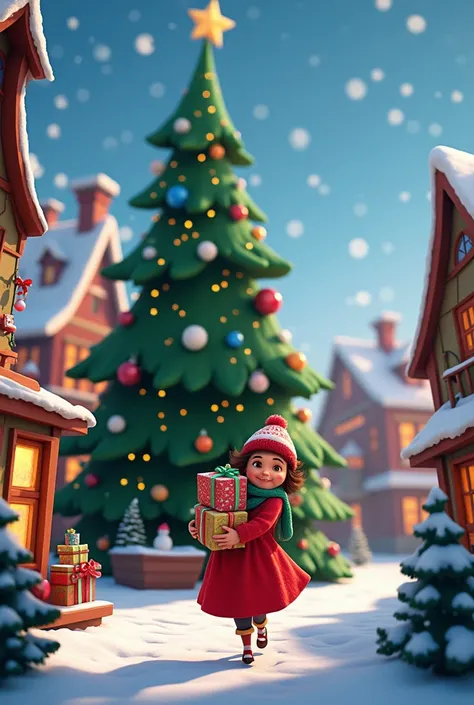 Envoyé par vous :
un village de noel , il ya sarah kay qui porte des cadeaux , il ya aussi un grand sapin , style pixar