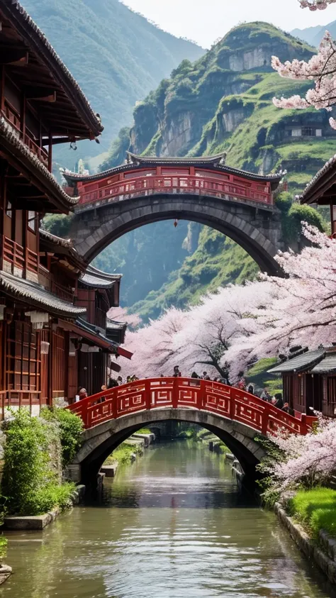 A hidden village discovered deep in the remote regions of China. The village is nestled in a lush, green valley surrounded by towering mountains with mist shrouding the peaks. Traditional Chinese architecture with ancient wooden houses, curved roofs, and r...