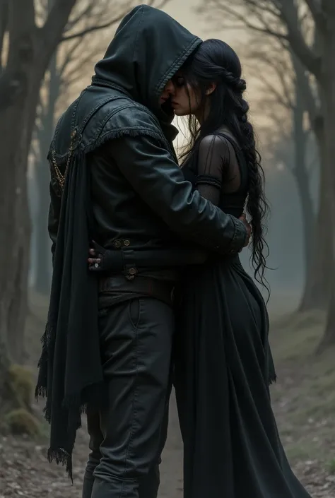  High definition .  two people hugging each others backs.  hooded man caravel skeleton black jacket ,  white pants, Black hair and on the right side,  beautiful gothic woman with braid black hair and long legs and the moon in the glass