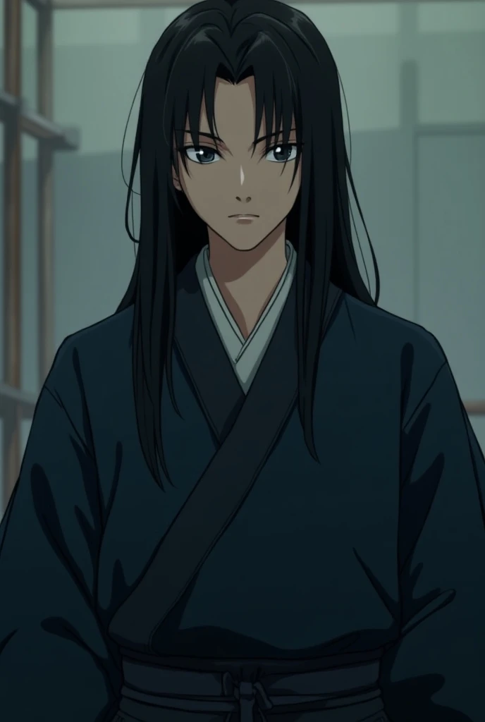  Japanese animation style，male， hair is black straight hair，Hair length to the waist，Gray Eyes，about 25 years old，WEAR DARK BLUE JAPANESE VINTAGE，Looks a bit serious 