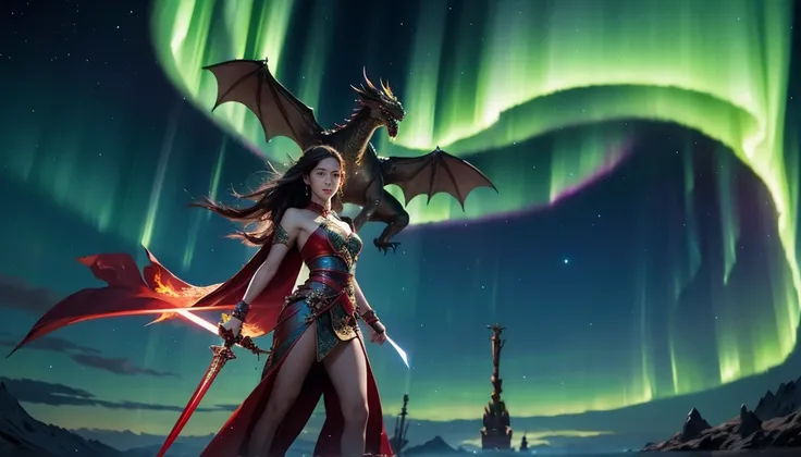  A beautiful woman is standing with a sword 。The face is clearly visible 。 bust up。 A giant dragon floats like a guardian behind it 。 There is an aurora-like light effect spreading in the sky。