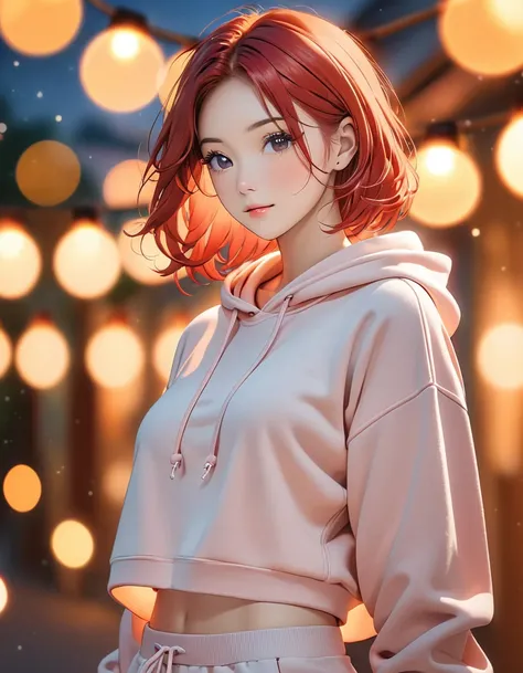 In the image, there is a person with red hair wearing a hooded sweatshirt. The sweatshirt is light-colored and has drawstrings hanging down. The persons midriff is exposed, with the sweatshirt being somewhat cropped. The background is filled with a bokeh e...