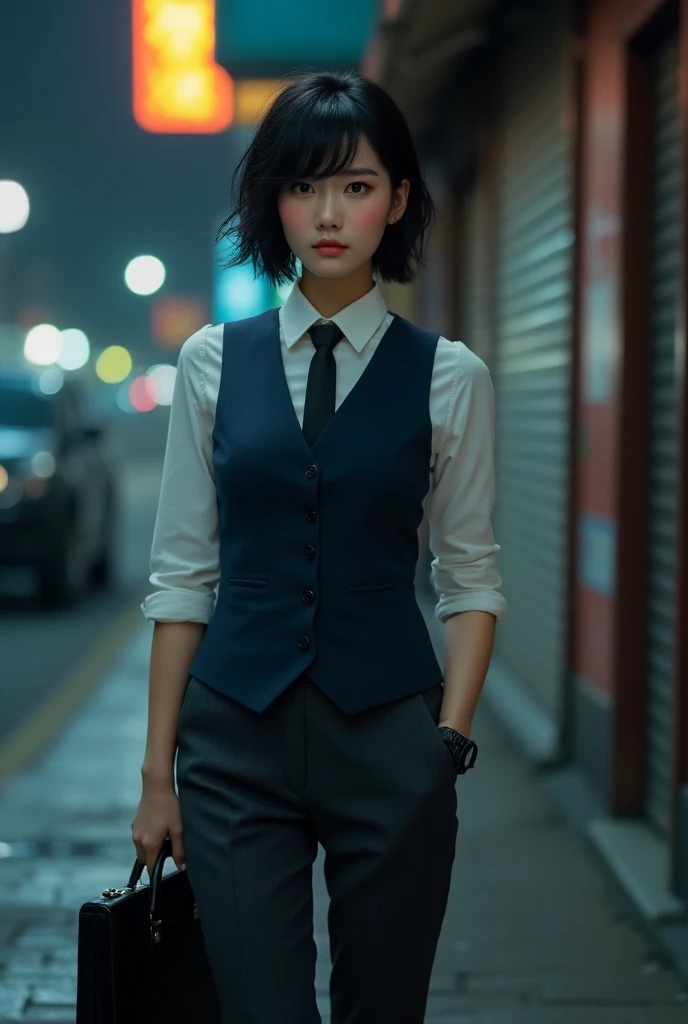 ((Photorealism)), ((Best quality)), ((cinematic)), ((high resolution)),(Detailed), beautiful woman, faint cheek blush, eyelashes, Korean, fair skin, very short hair, bad haircut, ACCURATE, jawline length hair, black hair, side swept bangs, messy hair, grap...