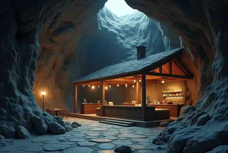 a small cafe inside the deep cavern , A landscape image without people.Scenery without plants。No light source、In a dark cave。
