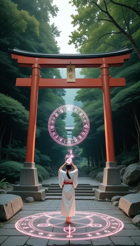 A magic circle appears in front of the torii gate of the Japanese shrine Inari and shines、There is a magic circle in the air、The other side of the torii gate is another world