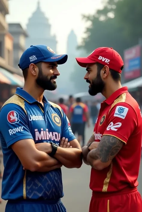 Rohit Sharma in Mumbai Indians dress and Virat Kohli in Bangalore dress talking image 