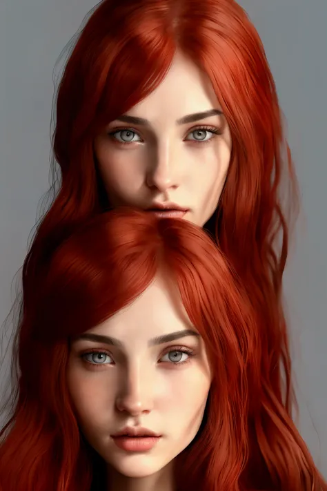 woman of Slavic appearance, Red straight hair, bob hairstyle,  bangs slightly cover the eyebrows ,  round eyes set wide-set, eye color gray-blue ,straight nose with a hump , lips are small,  Her face is oval ,  on the cheeks a slight blush , oil style 