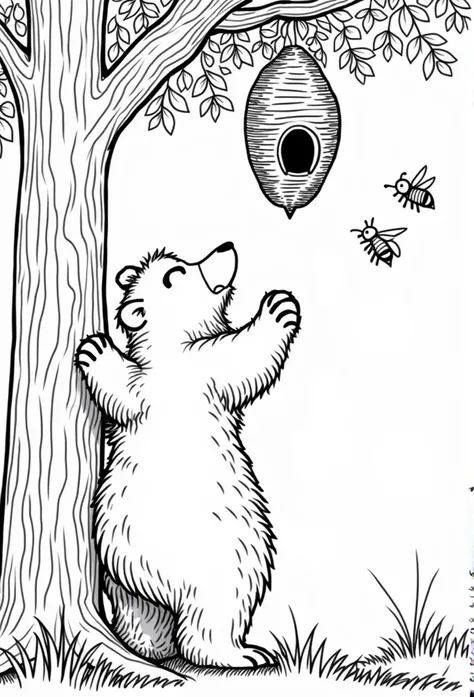 Generate a line art of A bear climbing a tree to reach a beehive, with bees buzzing around