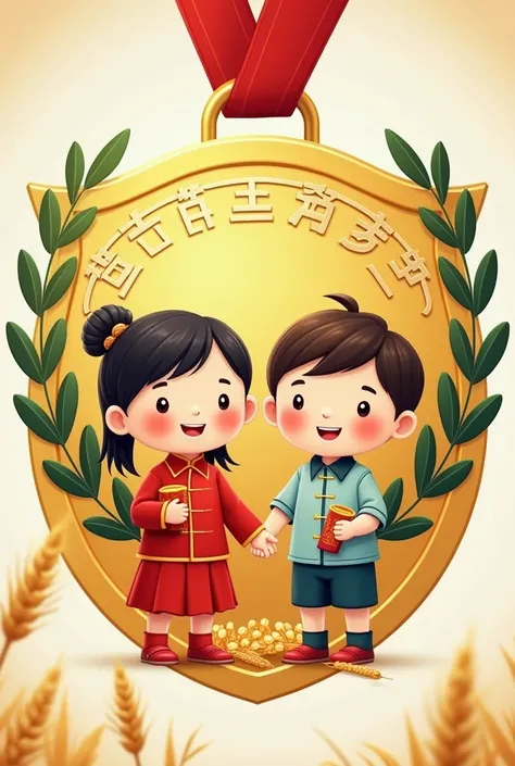  design a shield-shaped gold medal ， The theme is “a polite pair of Chinese kids”， cartoon style ，There are kindergarten elements ， include the words “First year of the National Defense University of Science and Technology” ， The outer ring of the medal is...