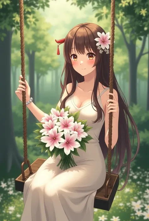 asian style female holding a tree swing with a bunch of flowers, 1girl, solo, long hair, brown hair, hair ornament, flower, an anime girl sits holding her pet lily in a seat on a swing in a forest, 1girl, flower, solo, long hair, dress, tree, smile, sittin...