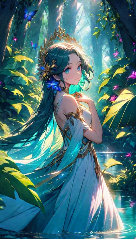 Whispers of the Enchanted: A happy goddes Dance with Nature - A young beautiful girl with a face of serene allure, her captivating eyes reflecting a soulful tranquility, looking to the sky, from side. In a lush, magical forest by a lake, her graceful movem...