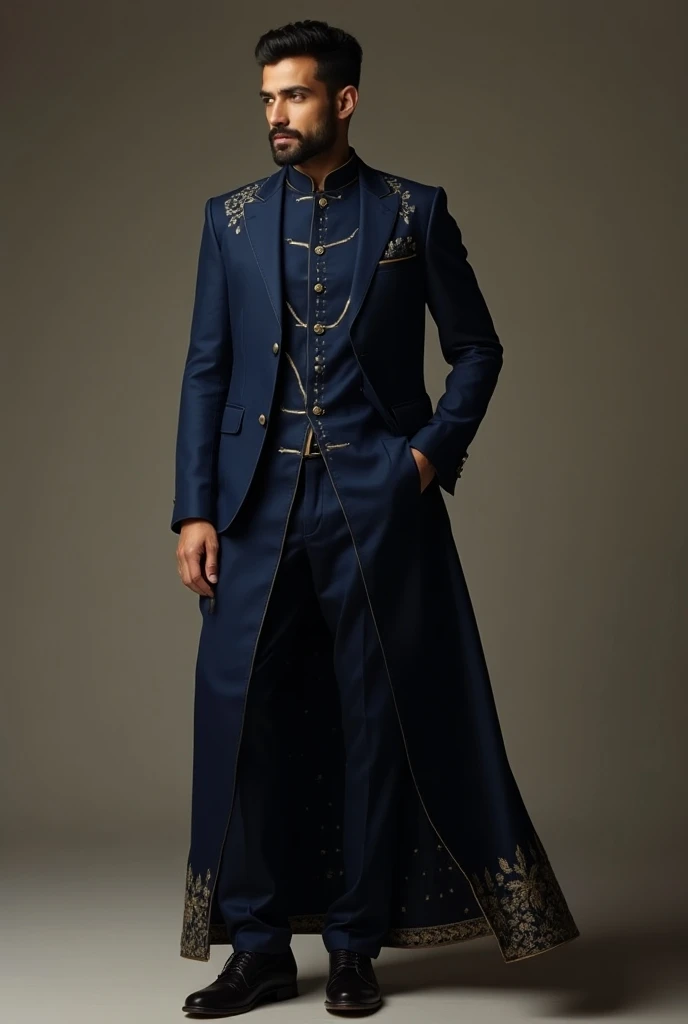 High-fashion photography, male model wearing Indo-Western fusion blazer-sherwani, front view: navy blue structured blazer with mandarin collar, modern cut ending at hips, back view: flowing sherwani-style extension to mid-thigh, ornate golden embroidery