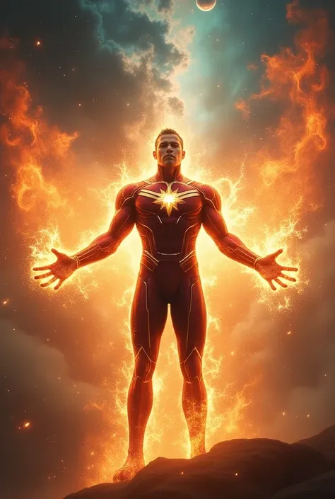 Arms emitting an intense radiant aura of cosmic energy like captain marvel