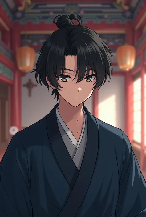  Japanese animation style，male， hair is black straight hair，Hair Length and Waist ，Have bangs，No Hair Bundles，Gray Eyes，about 25 years old，WEAR DARK BLUE JAPANESE VINTAGE， in the palace 