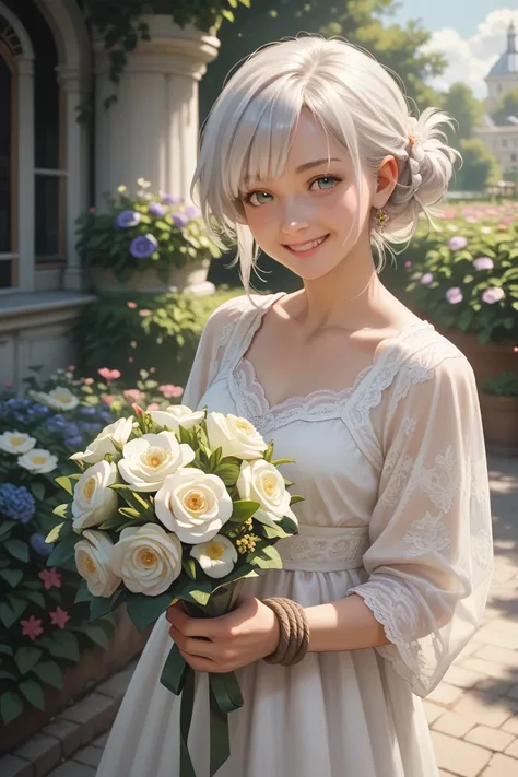 ((best quality)), ((masterpiece)), (detailed), 1girl, white hair tied up, smile face, holding a bouquet, casual oufit, flower garden background, windy hair