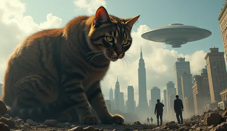 1 giant long hair dark brown tabby cat, hyperrealistic, detailed fur textures, sitting down, licking paw, towering over city skyline, skyscrapers dwarfed by immense size, destroyed buildings, citizens in panic escaping in the streets,cinematic lighting, dr...