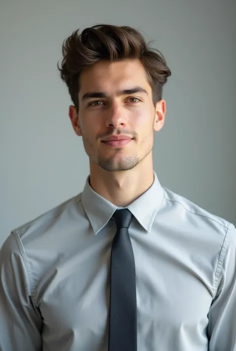 A man of 20 with light gray shirt with perfect colour tie and grayish white background with vignette