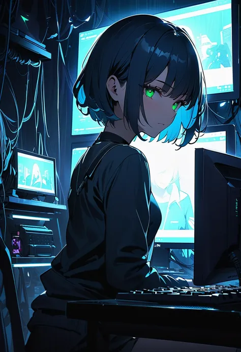 (masterpiece, best quality),A dimly lit room with a young girl focused on a computer screen, her face illuminated by the blue and green glow of multiple monitors. solo,(Guy Fawkes mask appears on the monitor, implying that she belongs to Anonymous.),Guy Fa...