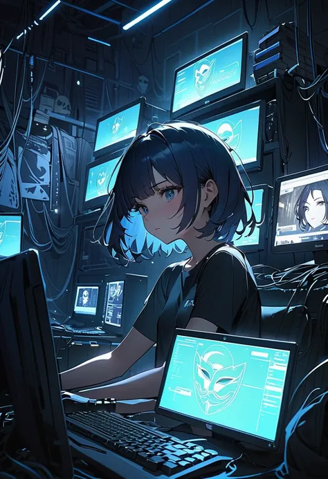 (masterpiece, best quality),A dimly lit room with a young girl focused on a computer screen, her face illuminated by the blue and green glow of multiple monitors. solo,(Guy Fawkes mask appears on the monitor, implying that she belongs to Anonymous.),Guy Fa...