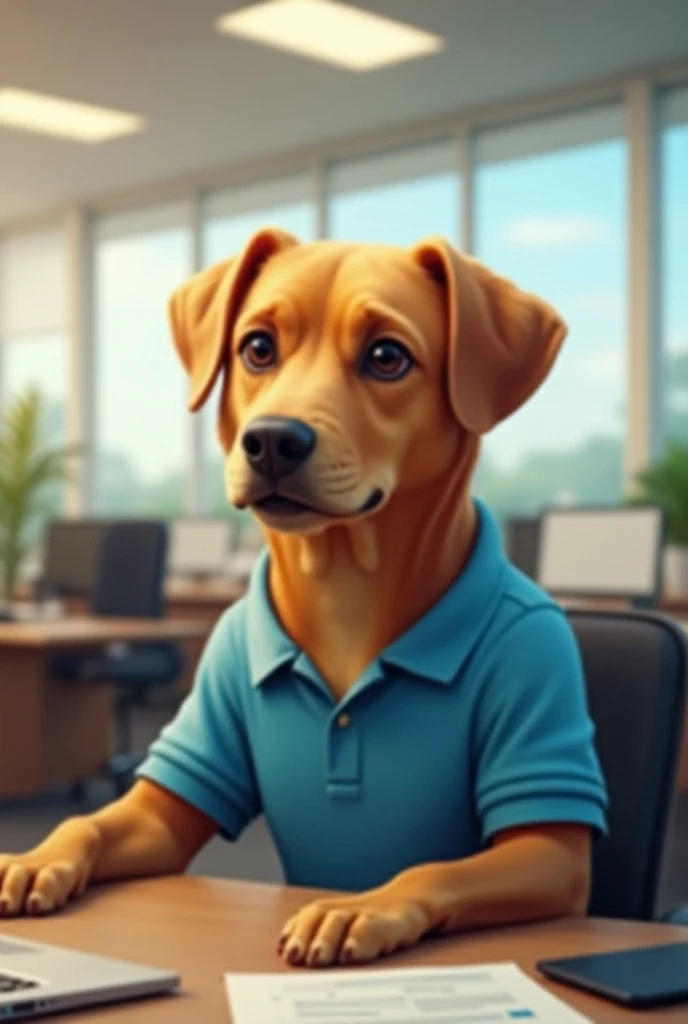  A CARAMEL DOG IN A BLUE UNIFORM,  WORKING IN AN OFFICE (MEDIUM-SIZED DOG )(uniform plain blue polo shirt)(The dog is focused)