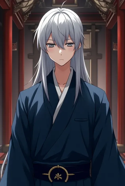  Japanese animation style，male，Hair is silvery straight，Hair Length and Waist ，Have bangs，Gray Eyes，about 25 years old，WEAR DARK BLUE JAPANESE VINTAGE， in the palace 