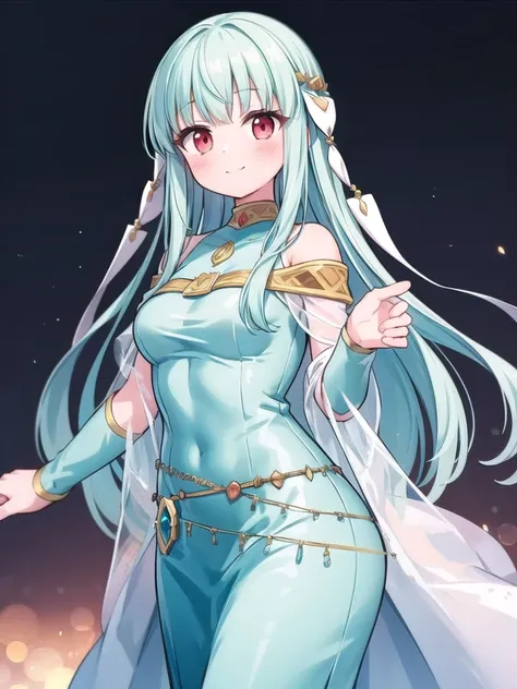 1girl, solo, masterpiece, best quality, perfect hands, smile, blush, closed mouth, cowboy shot, red eyes, ninian fe, long dress,...