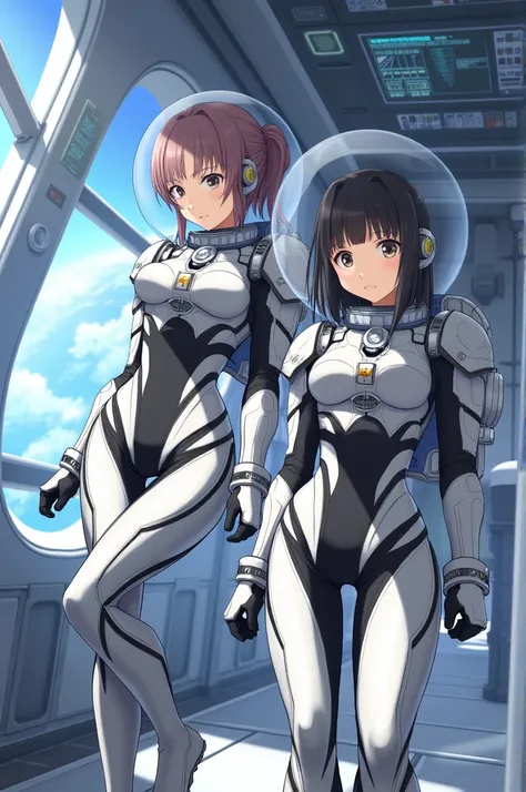 masterpiece:1.4, masterpiece, Highest quality, high resolution, newest, 2girls, friends, (group shot):5, (upper body):5, kyoto animation style, detailed, BREAK space station interior, zero gravity environment, floating, BREAK (white and black mechanical sp...