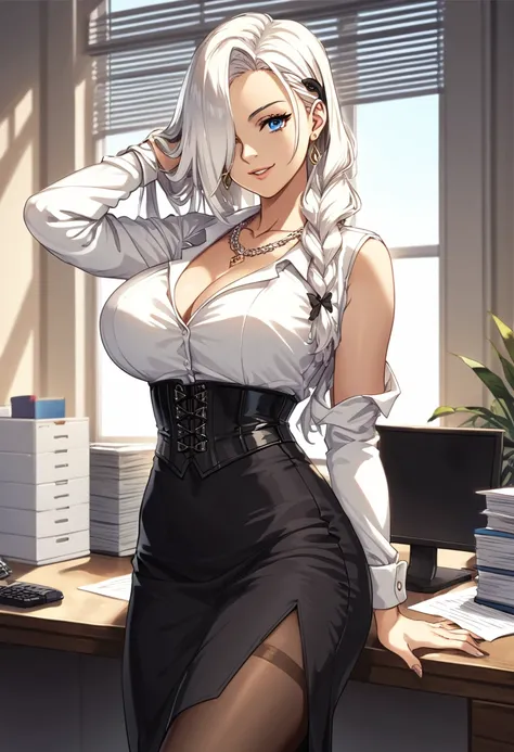 score_9, score_8, score_7, source_animated, 1mature_FE, only 1 woman, smile, thin lip,  elegant gold chain necklace, gargantilla negra, office clothes, white sleeve shirt , black corset, black flick, very long skirt ,  black lace stockings ,  white hair , ...