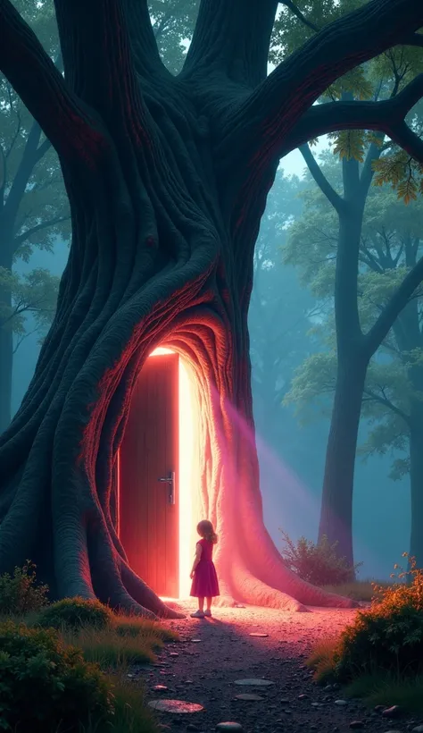 (Masterpiece, high quality, high definition, 4K, 8k、detail )、 A surreal scene with a mysterious door attached to a large old tree. A small girl stands in front of the door and tries to open it. A strong seven-colored light is emanating from the door like a...