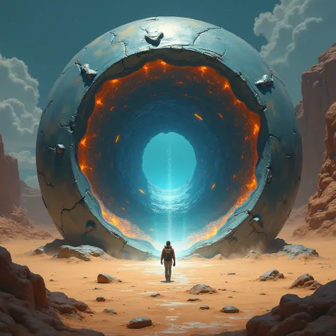 Portal to Another Dimension, In the center of a barren desert, a portal made of liquid metal slowly rotates, and the surface of the portal reflects fragments of the past and future, like a vortex of time. A brave explorer can touch the door and travel thro...