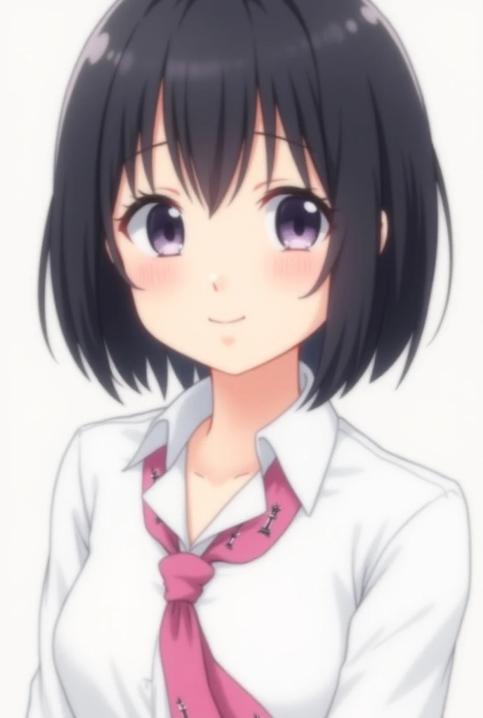 An anime girl with short black hair smiling and wearing a white uniform with a pink necktie with small chess