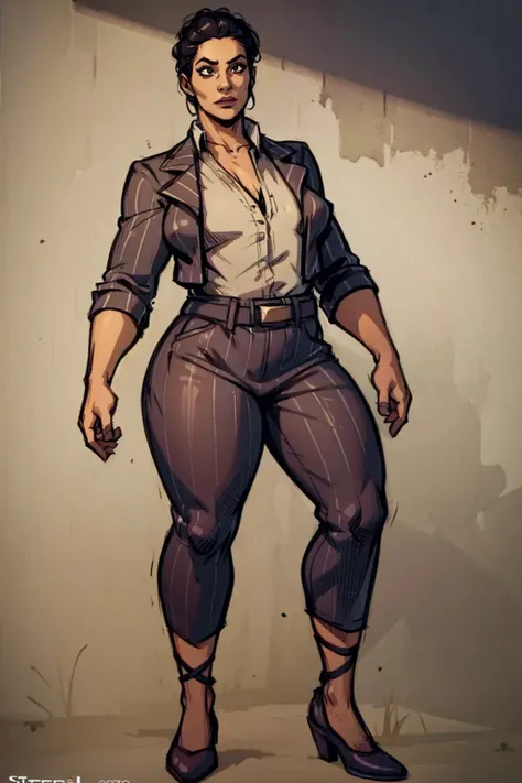 Digital art, highly detailed, reference sheet, standing straight pose, mature woman, adult female, whole body, form-fitting, Jane Romero (Dead by Daylight) inspired costume, pinstriped blazer, blouse, belt, pinstriped baggy pants that end above the ankle, ...