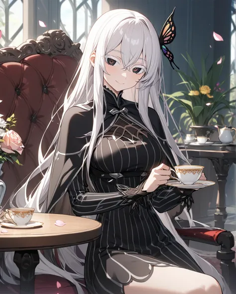 1girl,echidna,long hair,white hair,butterfly hair ornament,sitting,cup,smile,hair between eyes,capelet,long sleeves,petals,black...