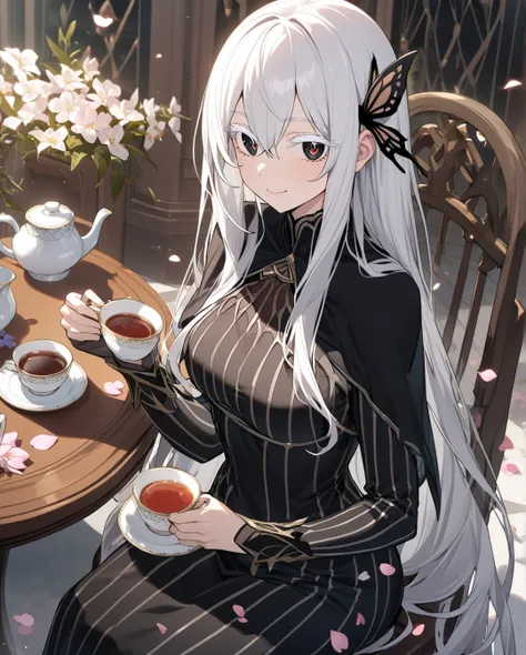 1girl,echidna,long hair,white hair,butterfly hair ornament,sitting,cup,smile,hair between eyes,capelet,long sleeves,petals,black...