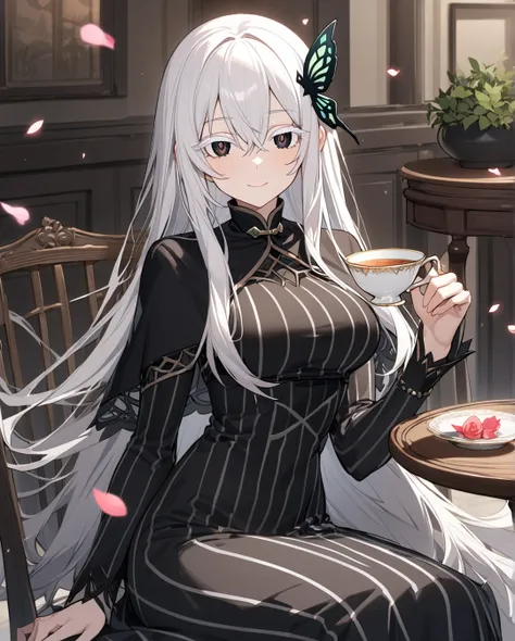 1girl,echidna,long hair,white hair,butterfly hair ornament,sitting,cup,smile,hair between eyes,capelet,long sleeves,petals,black...