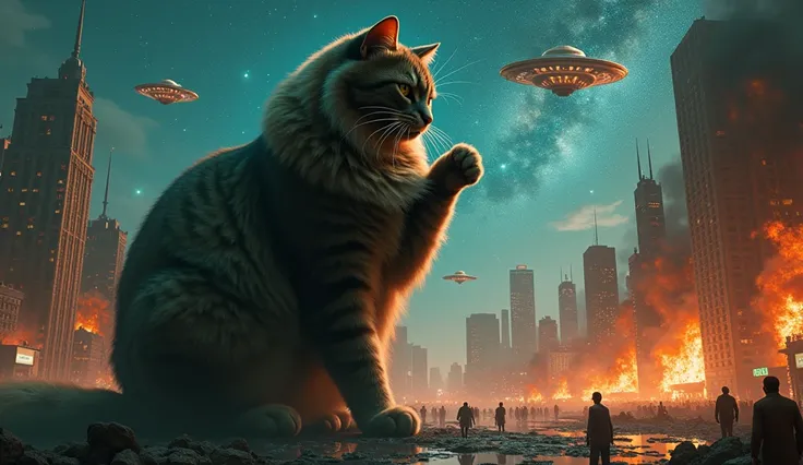 1 giant Maine Coon long hair dark brown tabby cat, hyperrealistic, detailed fur textures, sitting down, licking paw, towering over city skyline, skyscrapers dwarfed by immense size, destroyed buildings in fire, thousands of citizens in panic escaping in th...