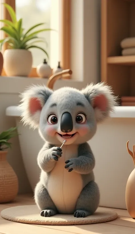 create a cute baby koala smiling brushing his teeth, facing the camera in a beautiful bathroom, cozy environment