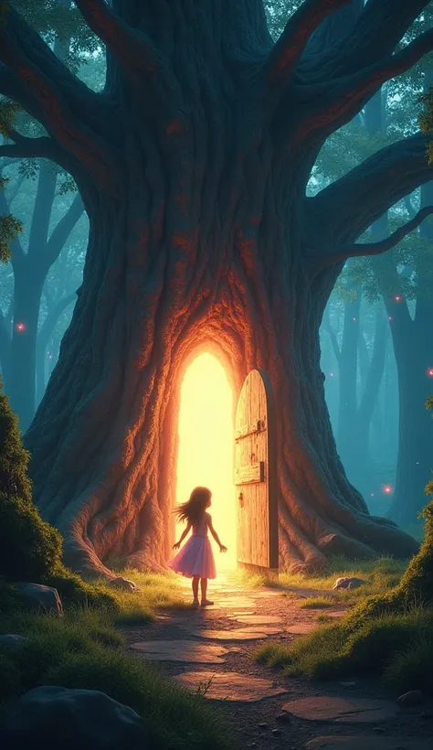 (Masterpiece, high quality, high definition, 4K, 8k、detail )、 A surreal scene with a mysterious door attached to a large old tree. A small girl stands in front of the door and tries to open it. A strong seven-colored light is emanating from the door like a...