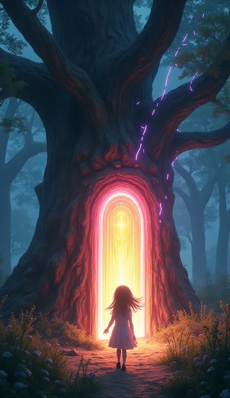 (Masterpiece, high quality, high definition, 4K, 8k、detail )、 A surreal scene with a mysterious door attached to a large old tree. A small girl stands in front of the door and tries to open it. A strong seven-colored light is emanating from the door like a...